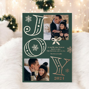 Tarjeta Festiva Con Relieve Metalizado Guión de alegría 2 fotos copos de nieve Navidades