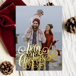 Tarjeta Festiva Con Relieve Metalizado Guión de caligrafía Feliz Navidad Foto Dorada