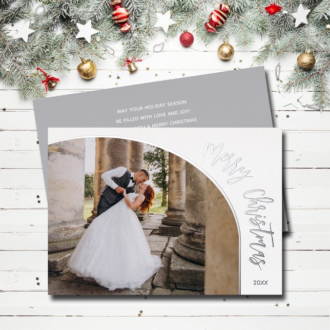 Tarjeta Festiva Con Relieve Metalizado Guión de Feliz Navidad Plateado (Merry Christmas REAL silver foil holiday photo cards)