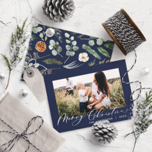 Tarjeta Festiva Con Relieve Metalizado Guión de foto de follaje minimalista moderno azul