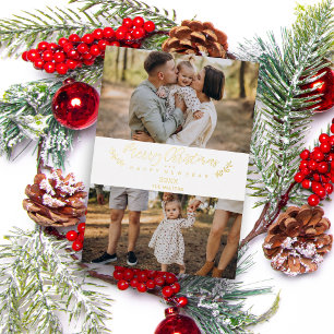 Tarjeta Festiva Con Relieve Metalizado Guión de foto de Navidad con tema de acebo botánic