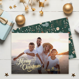 Tarjeta Festiva Con Relieve Metalizado Guión de Navidad Foto Completa Boho Verdor Dorado