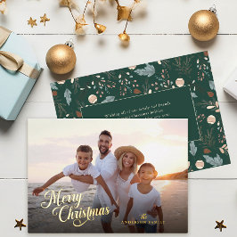 Tarjeta Festiva Con Relieve Metalizado Guión de Navidad Foto Completa Verde Mensaje Oro