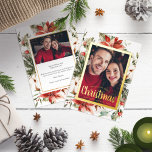Tarjeta Festiva Con Relieve Metalizado Guión de Navidades fotográficos<br><div class="desc">Esta elegante tarjeta fotográfica navideña presenta un hermoso marco de vegetación acuática pintada a mano, flores y bayas con un marco dorado real y un guión elegante. La parte posterior incluye la misma ilustración con una segunda foto y texto para personalizar su mensaje. Buscar elementos coincidentes en la colección de...</div>
