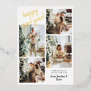 Tarjeta Festiva Con Relieve Metalizado Guión de pincel moderno 4 Foto Feliz Año Nuevo Oro