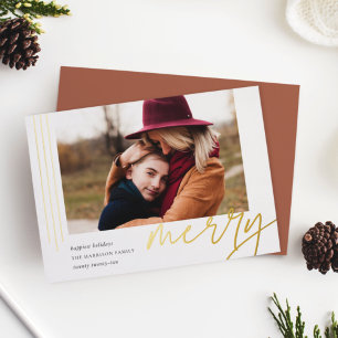 Tarjeta Festiva Con Relieve Metalizado Guión de recorte   Merry   Foto horizontal