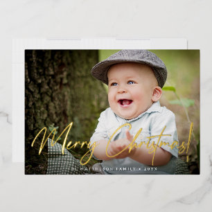 Tarjeta Festiva Con Relieve Metalizado Guión dorado de Feliz Navidad para foto familiar p