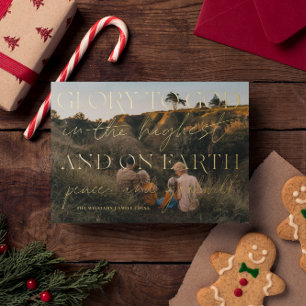 Tarjeta Festiva Con Relieve Metalizado Guión dorado   Gloria a Dios Navidades Feriado Fot