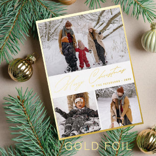 Tarjeta Festiva Con Relieve Metalizado Guión dorado Marzo Navidad 3 collage de fotos