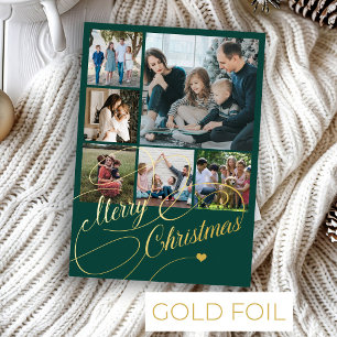 Tarjeta Festiva Con Relieve Metalizado Guión Feliz Navidad 6 collage de fotos familia