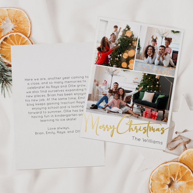 Tarjeta Festiva Con Relieve Metalizado Guión festivo Tres fotos Feliz Navidad Gold (Subido por el creador)