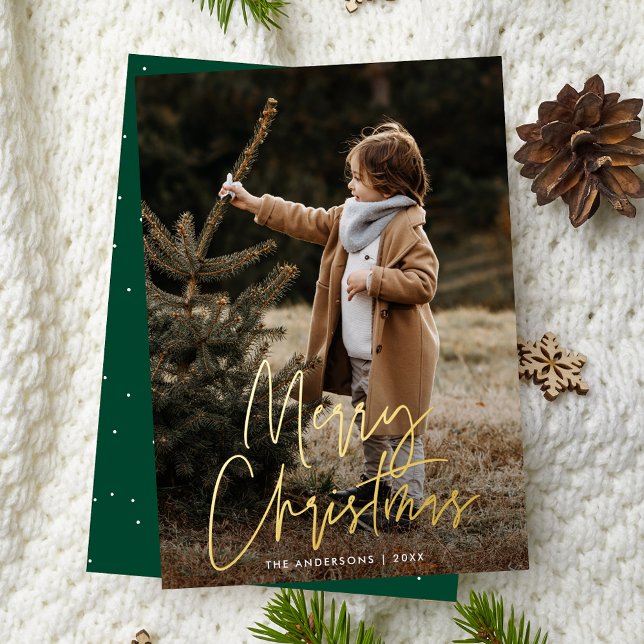 Tarjeta Festiva Con Relieve Metalizado Guión manuscrito Green Merry Christmas Photo (Subido por el creador)