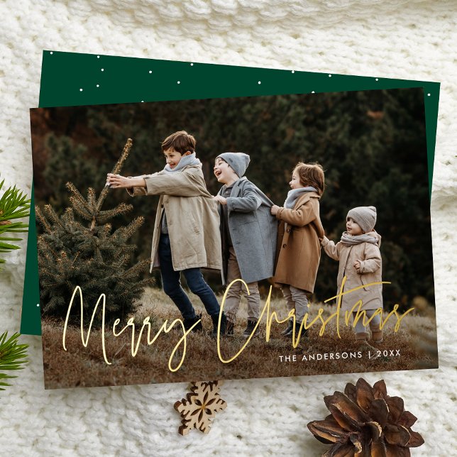 Tarjeta Festiva Con Relieve Metalizado Guión manuscrito Green Merry Christmas Photo (Subido por el creador)
