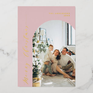 Tarjeta Festiva Con Relieve Metalizado Guión minimalista Fotos navideñas dulces rosadas