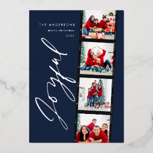 Tarjeta Festiva Con Relieve Metalizado Guión mínimo moderno navidades multifoto azul