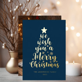 Tarjeta Festiva Con Relieve Metalizado Guión mínimo Navy Blue Merry Christmas