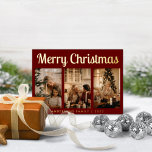 Tarjeta Festiva Con Relieve Metalizado Guión mínimo Tres fotos de la navidad del merry ro<br><div class="desc">Guión mínimo Tres tarjetas de vacaciones de Relieve metalizado navideño Red Merry. (Créditos de la foto a Cottonbro en Pexels. Por favor,  reemplácelo por el suyo propio.)</div>