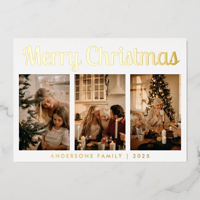 Tarjeta Festiva Con Relieve Metalizado Guión mínimo Tres fotos Feliz Navidad (Anverso)