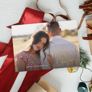 Tarjeta Festiva Con Relieve Metalizado Guión moderno de Feliz Navidad Foto simple