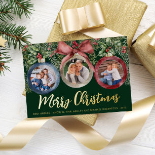 Tarjeta Festiva Con Relieve Metalizado Guión moderno Ornamentos de Navidad 3 fotos Verde
