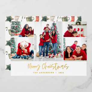 Tarjeta Festiva Con Relieve Metalizado Guión multi foto de Navidad moderno rojo y verde
