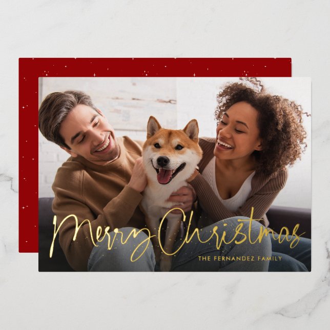 Tarjeta Festiva Con Relieve Metalizado Guión navideño divertido simple una foto roja (Anverso/Reverso)