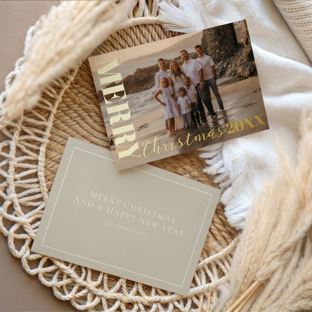 Tarjeta Festiva Con Relieve Metalizado Guión navideño moderno beige 1 foto oro (Subido por el creador)