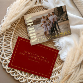 Tarjeta Festiva Con Relieve Metalizado Guión navideño moderno para navidad Una foto oro