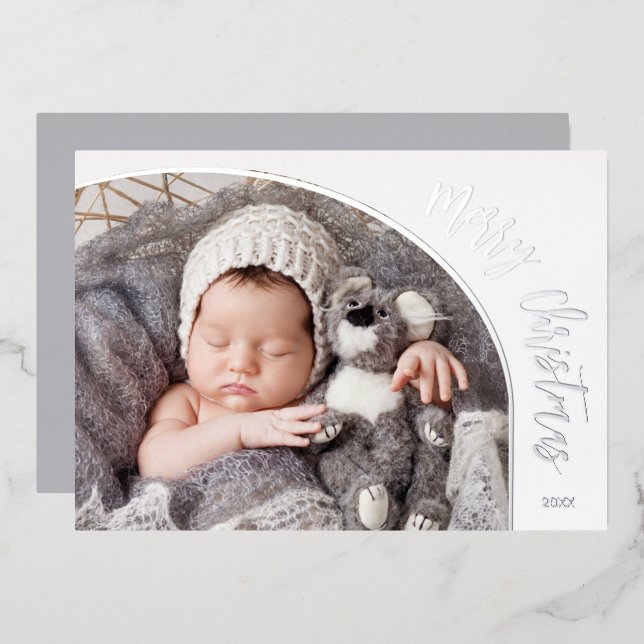 Tarjeta Festiva Con Relieve Metalizado Guión navideño plateado (Anverso/Reverso)