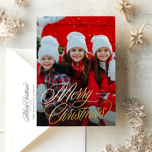 Tarjeta Festiva Con Relieve Metalizado Guión navideño simple dos fotos