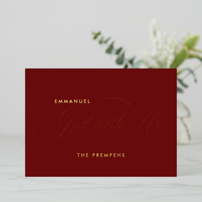 Tarjeta Festiva Con Relieve Metalizado Guión religioso Emmanuel Dios con nosotros rojo y  (Anverso de pie)