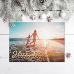 Tarjeta Festiva Con Relieve Metalizado Guión retro de fotos Feliz Hanukkah<br><div class="desc">Letra de guión estilo retro "Happy Hanukkah" en Relieve metalizado real. Agregue un mensaje o más fotos al reverso. Elegir entre Relieve metalizado de oro,  plata o oro rosa</div>