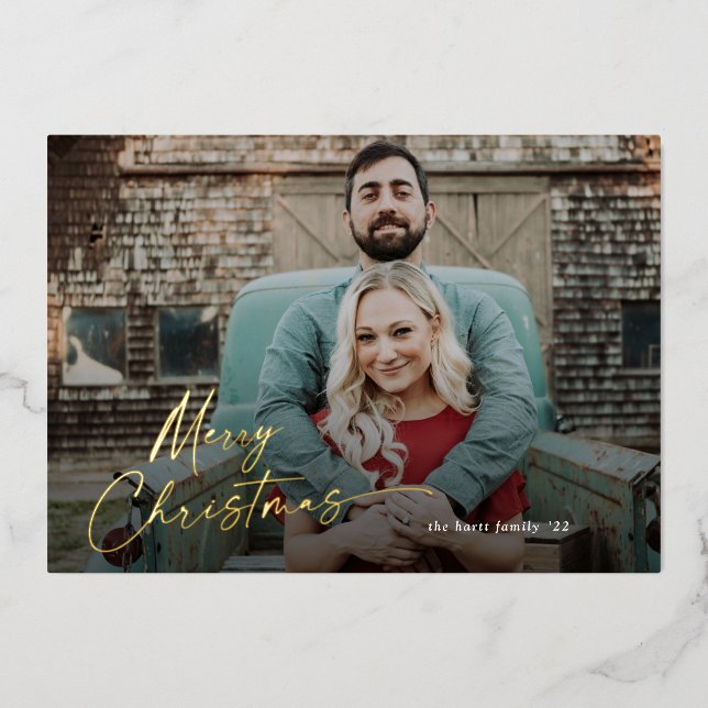 Tarjeta Festiva Con Relieve Metalizado Guión simple Merry Christmas Photo (Anverso)
