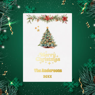 Tarjeta Festiva Con Relieve Metalizado Guirnalda dorada para árbol de Navidad