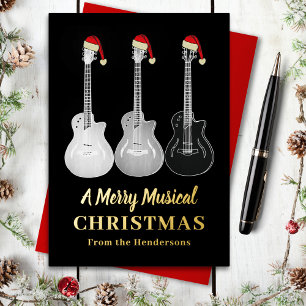 Tarjeta Festiva Con Relieve Metalizado Guitar Feliz Navidad Personalizado Negro Oro