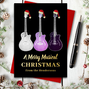 Tarjeta Festiva Con Relieve Metalizado Guitar Navidad Personalizado Rosa Negro Dorado