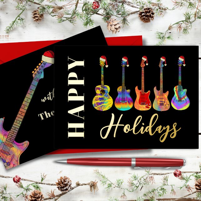 Tarjeta Festiva Con Relieve Metalizado Guitar Navidades Felices Fiestas de Oro Negro (Music themed christmas guitars happy holidays black & gold foil personalized holidays greeting card)
