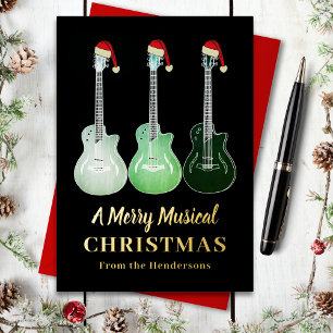 Tarjeta Festiva Con Relieve Metalizado Guitarra de Navidad con sombreros de Santa negro y