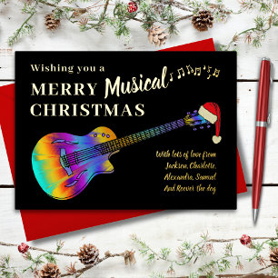 Tarjeta Festiva Con Relieve Metalizado Guitarra Navidad Personalizada Dorada