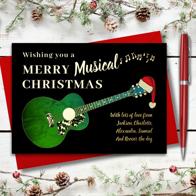 Tarjeta Festiva Con Relieve Metalizado Guitarra navidad usando un oro de Santa Hat (Christmas guitar wearing a Santa hat green and gold foil music themed custom holiday greetings card)