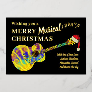 Tarjeta Festiva Con Relieve Metalizado Guitarra Personalizada Dorada Navideña Colorida