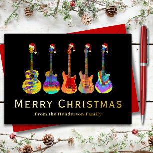 Tarjeta Festiva Con Relieve Metalizado Guitarras de Navidad Personalizadas Doradas