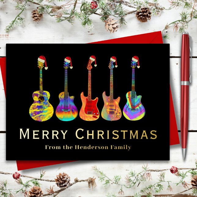 Tarjeta Festiva Con Relieve Metalizado Guitars de navidades con sombreros de oro negro (Rock and roll Christmas guitars black and gold foil custom holiday greetings card guitarist musician)