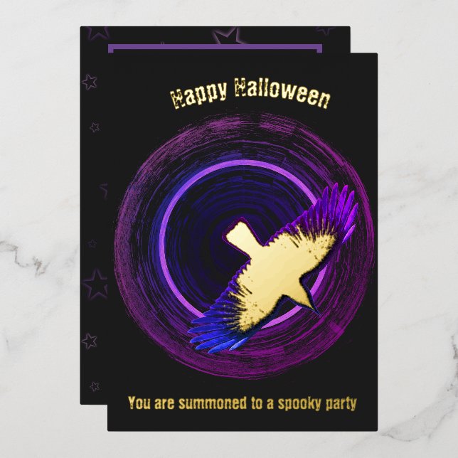 Tarjeta Festiva Con Relieve Metalizado Halloween Black and Purple Crow (Anverso/Reverso)