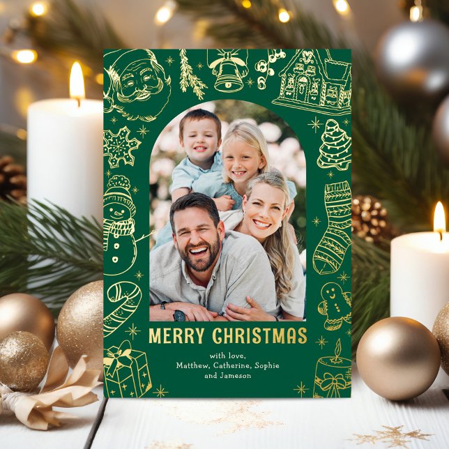 Tarjeta Festiva Con Relieve Metalizado Hand-Drawn Green Christmas Photo Gold (Subido por el creador)