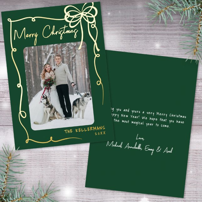 Tarjeta Festiva Con Relieve Metalizado Hand Drawn Green Whimsical Merry Christmas (Hand Drawn Green Whimsical Merry Christmas Foil Holiday Card)