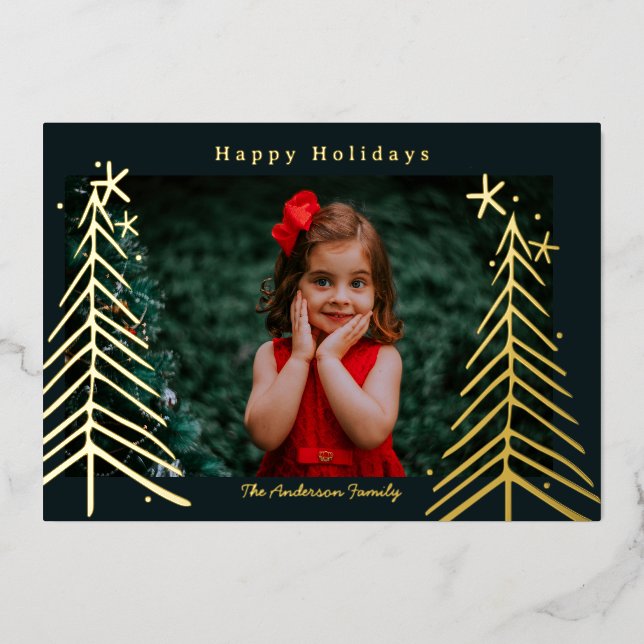 Tarjeta Festiva Con Relieve Metalizado hand drawn Tree Foil Holiday Card Christmas Card (Anverso)
