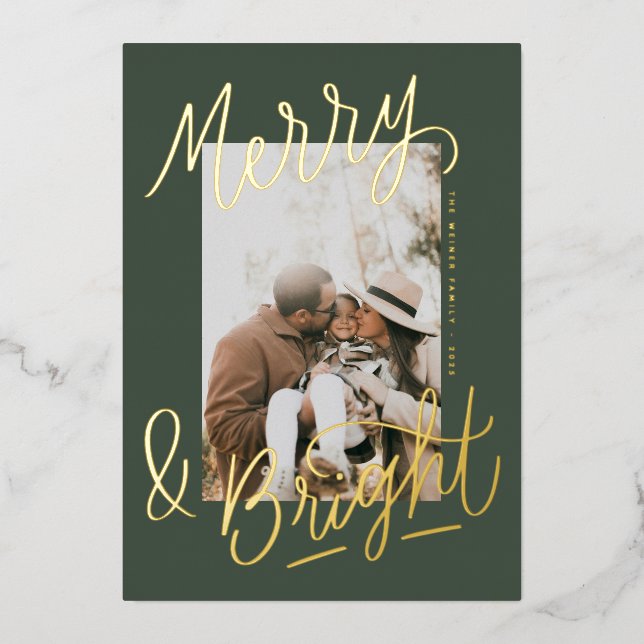 Tarjeta Festiva Con Relieve Metalizado Hand-lettered Merry & Bright Photo Overlay (Anverso)