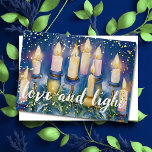 Tarjeta Festiva Con Relieve Metalizado Hanukkah Menorah acuarela Amor y luz<br><div class="desc">Hanukkah Menorah acuarela Amor y luz</div>