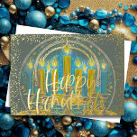 Tarjeta Festiva Con Relieve Metalizado Hanukkah Menorah Dibujar Gris Azul Amarillo<br><div class="desc">Hanukkah Menorah Dibujar Gris Azul Amarillo</div>